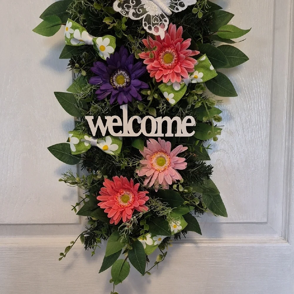 Floral Welcome Wreath Swag , Gerber Daisies , Door Decoration